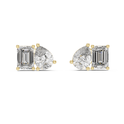 3.6ctw Emerald and Pear Cut Diamond Toi et Moi Stud Earrings in Solid Gold