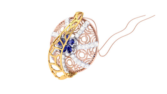 Ornate Filigree Pendant In Gold - 0.41 Ct Diamonds and Blue Gem Cluster