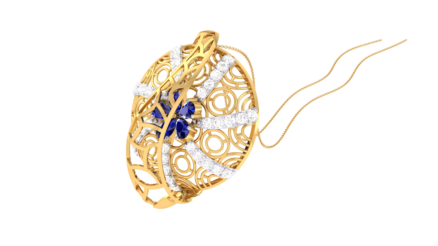 Ornate Filigree Pendant In Gold - 0.41 Ct Diamonds and Blue Gem Cluster
