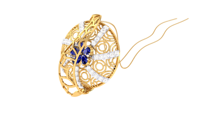 Ornate Filigree Pendant In Gold - 0.41 Ct Diamonds and Blue Gem Cluster