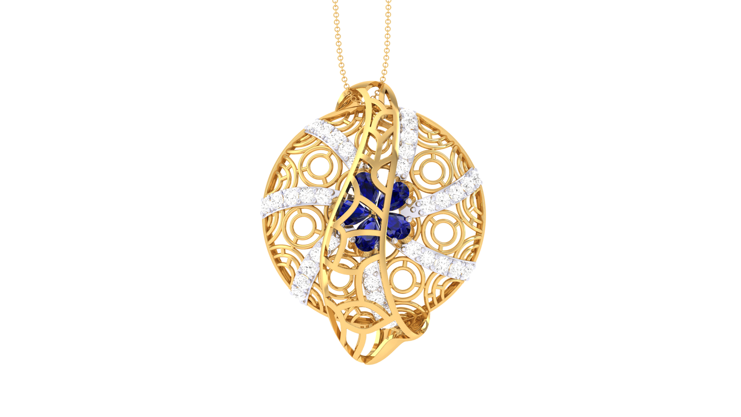Ornate Filigree Pendant In Gold - 0.41 Ct Diamonds and Blue Gem Cluster