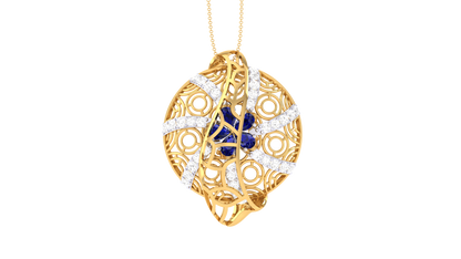 Ornate Filigree Pendant In Gold - 0.41 Ct Diamonds and Blue Gem Cluster