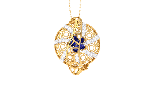 Ornate Filigree Pendant In Gold - 0.41 Ct Diamonds and Blue Gem Cluster