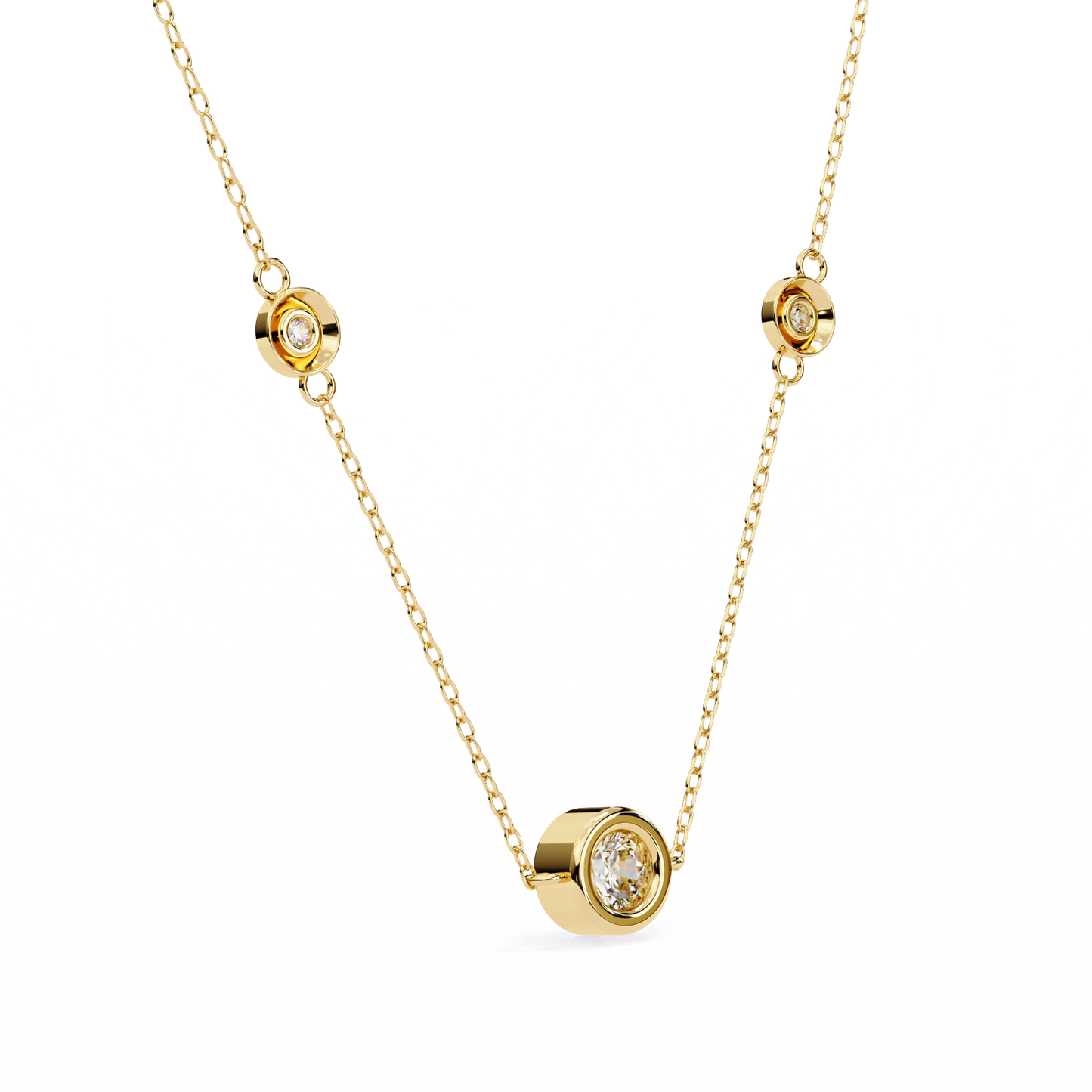 Ethereal Trio: Yellow Gold Bezel-Set Diamond Station Necklace Pendent- 0.07 Ct