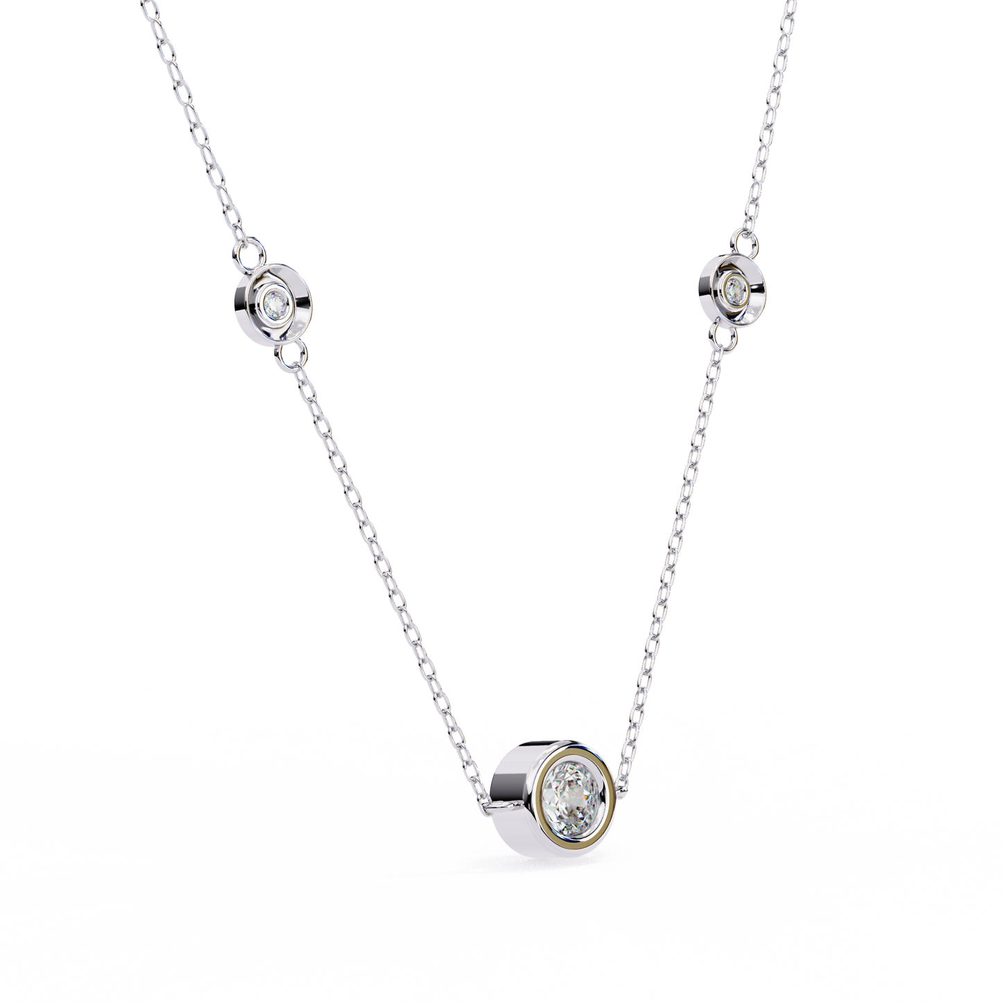 Ethereal Trio: Yellow Gold Bezel-Set Diamond Station Necklace Pendent- 0.07 Ct