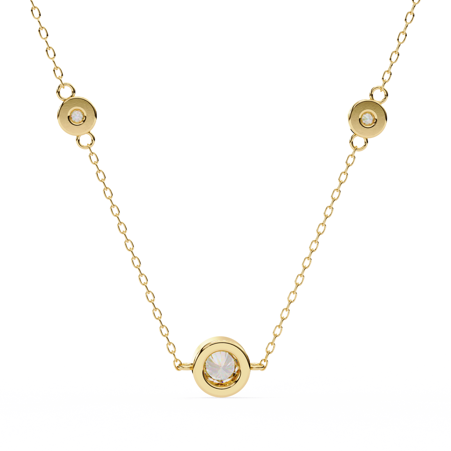 Ethereal Trio: Yellow Gold Bezel-Set Diamond Station Necklace Pendent- 0.07 Ct