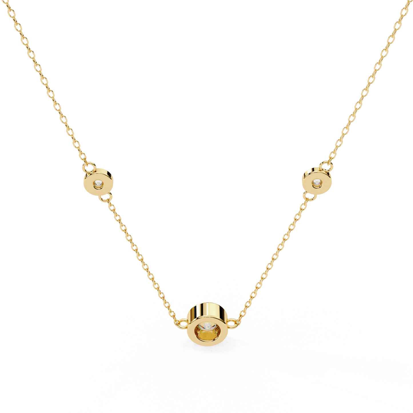 Ethereal Trio: Yellow Gold Bezel-Set Diamond Station Necklace Pendent- 0.07 Ct