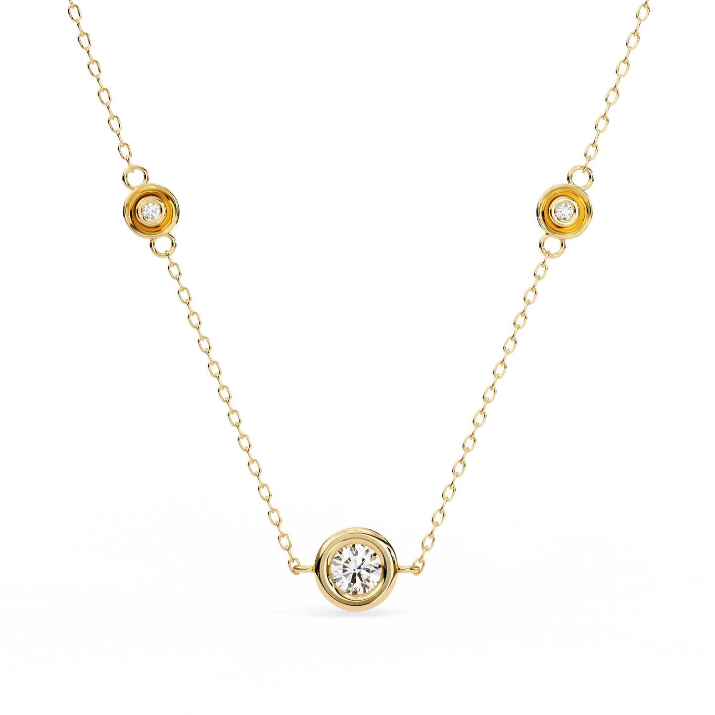 Ethereal Trio: Yellow Gold Bezel-Set Diamond Station Necklace Pendent- 0.07 Ct