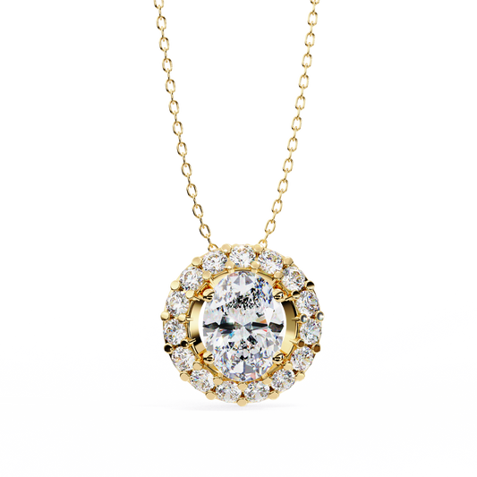 Timeless Radiance: Oval Halo Diamond Pendant in Yellow Gold- 0.97 Ct