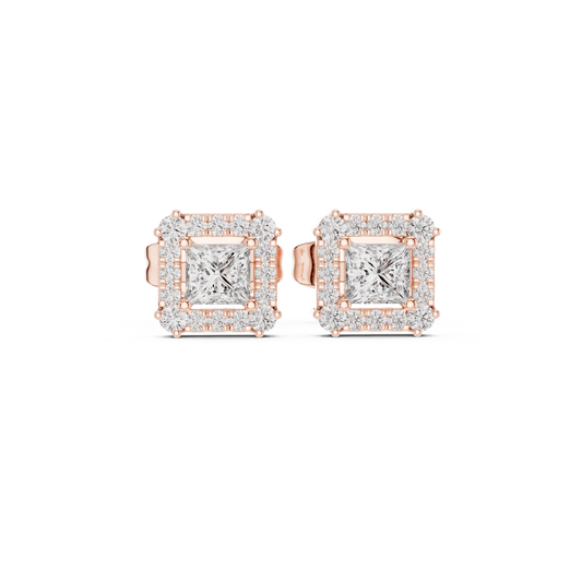 0.43 Carat Princess Cut Diamond Square Halo Stud Earrings - Yellow Gold