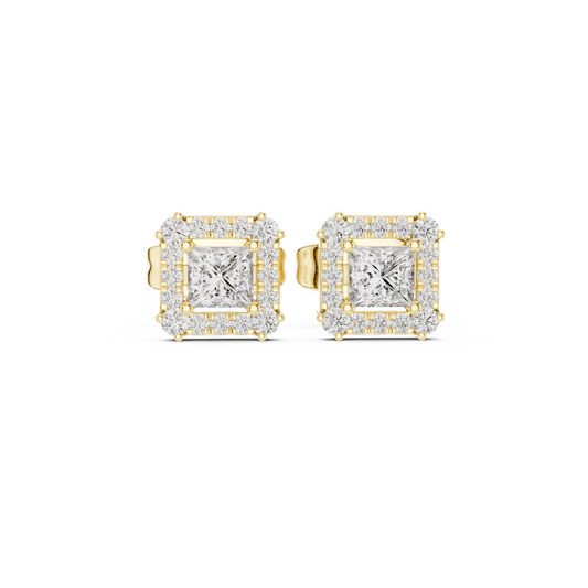 0.43 Carat Princess Cut Diamond Square Halo Stud Earrings - Yellow Gold