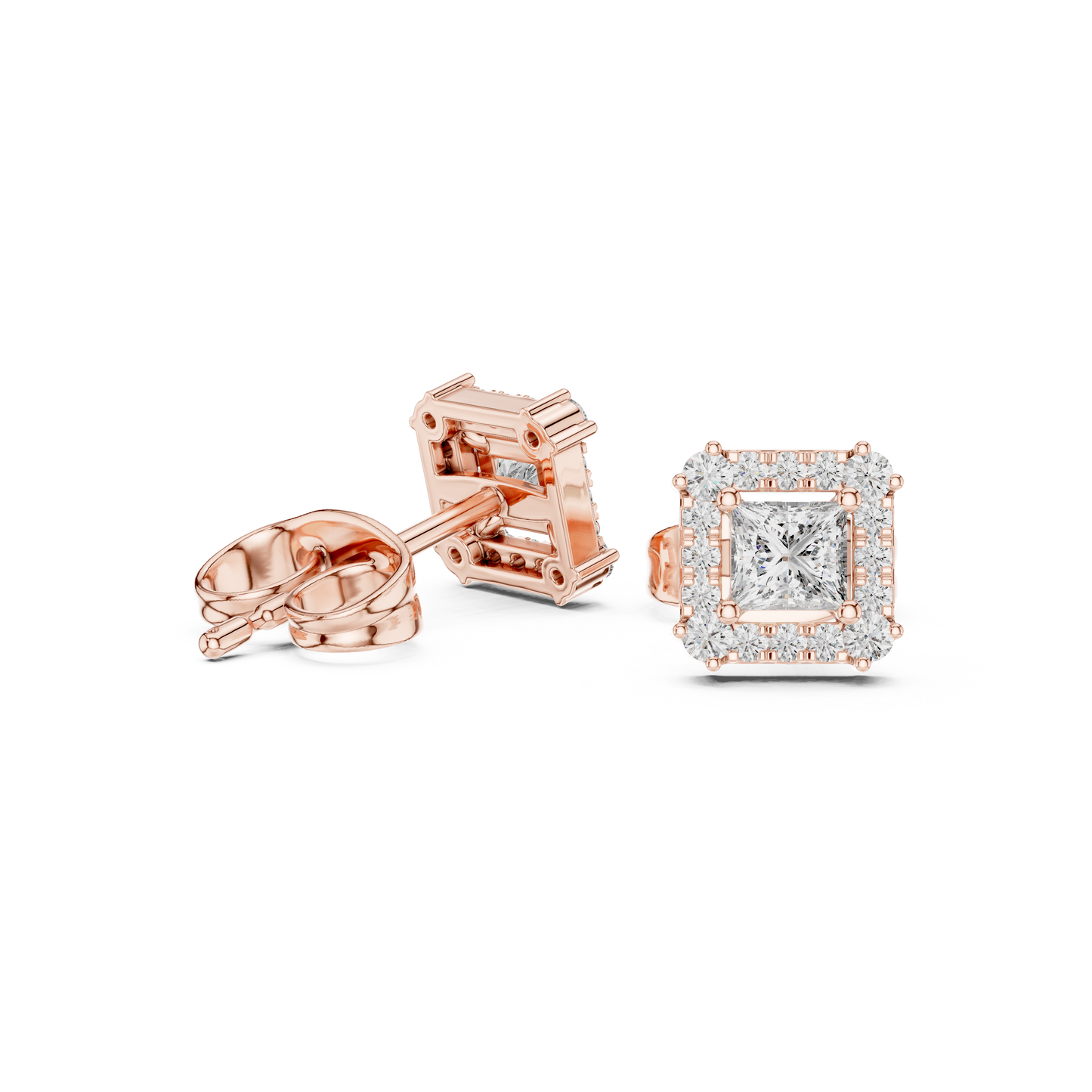 0.43ctw Princess Cut Diamond Square Halo Stud Earrings - Yellow Gold