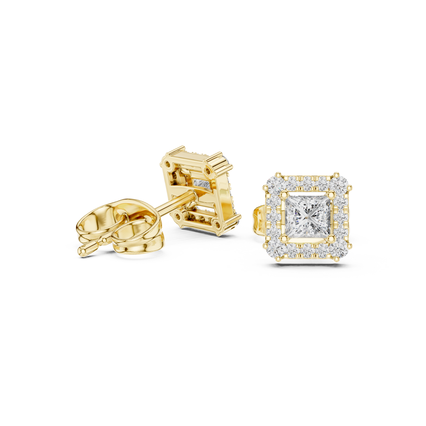 0.43ctw Princess Cut Diamond Square Halo Stud Earrings - Yellow Gold