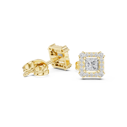 0.43ctw Princess Cut Diamond Square Halo Stud Earrings - Yellow Gold