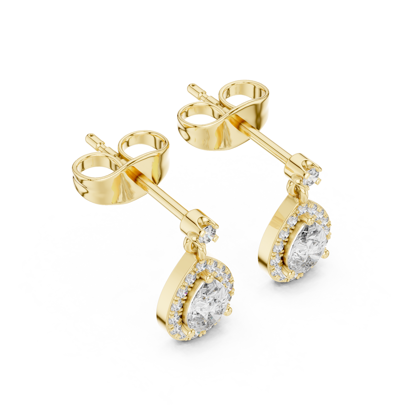 0.48ctw Pear Shape Diamond Halo Dangle Earrings in Yellow Gold