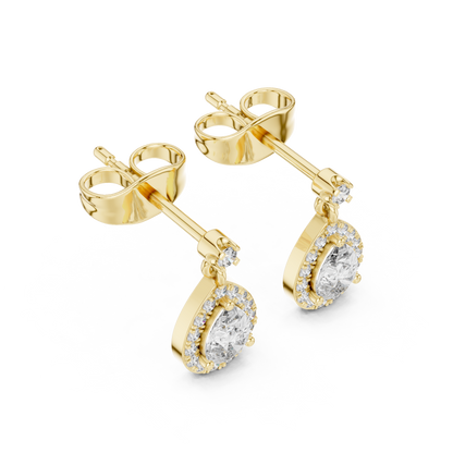 0.48ctw Pear Shape Diamond Halo Dangle Earrings in Yellow Gold