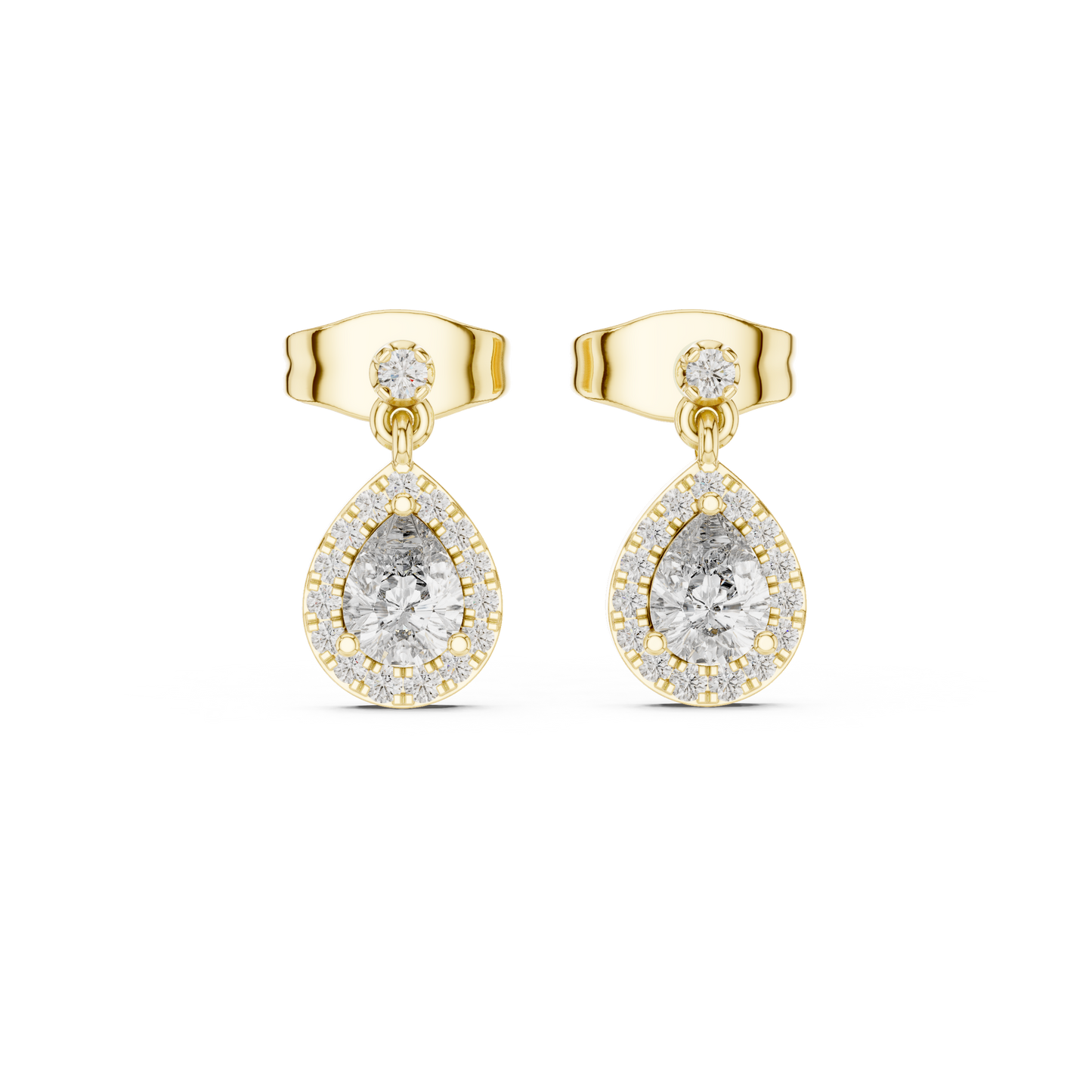 0.48ctw Pear Shape Diamond Halo Dangle Earrings in Yellow Gold