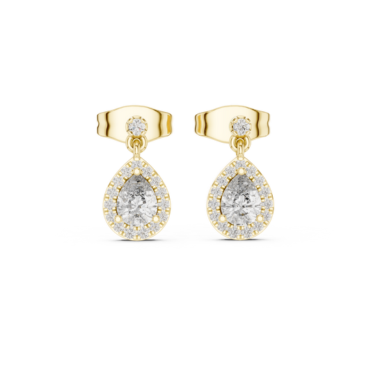 0.48ctw Pear Shape Diamond Halo Dangle Earrings in Yellow Gold
