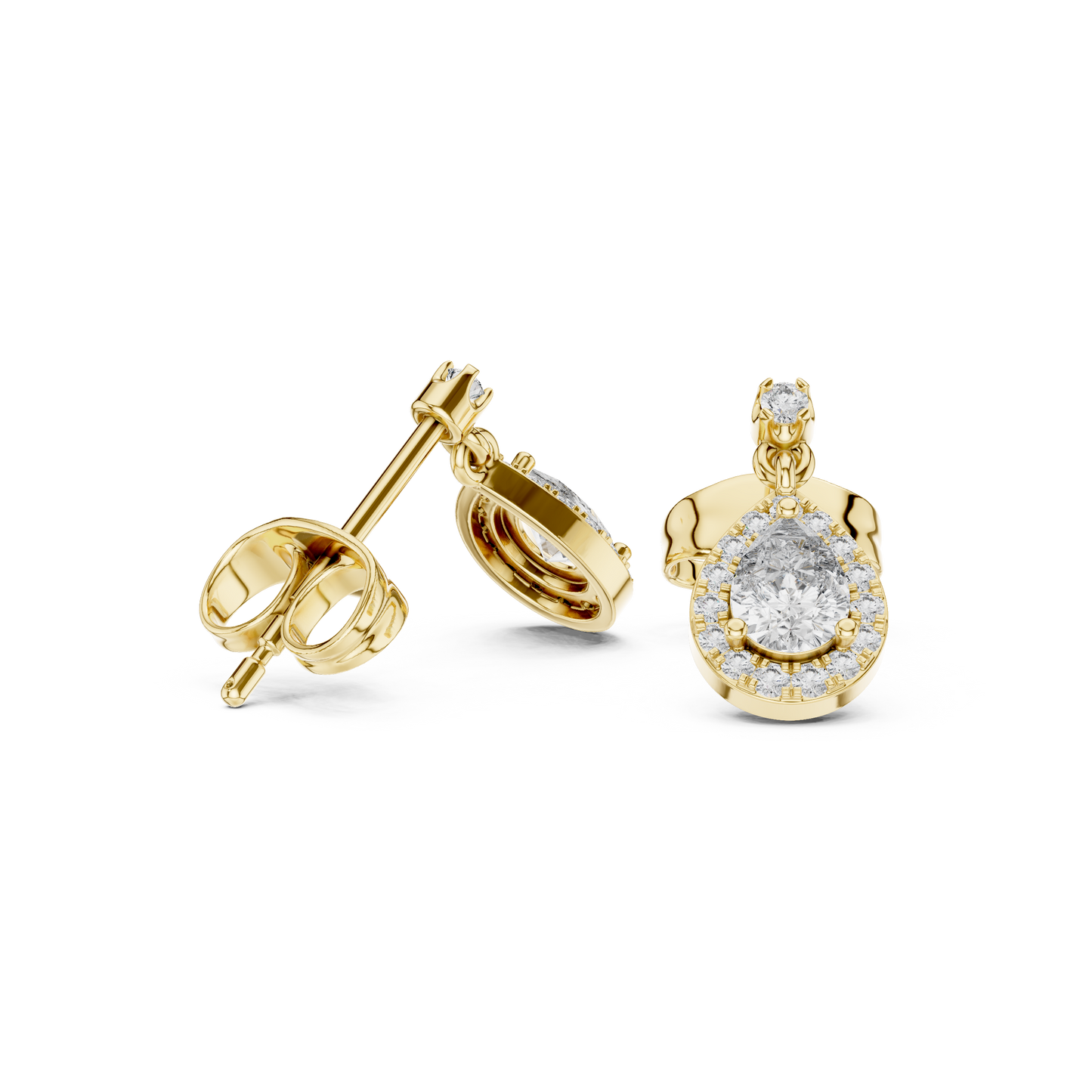 0.48ctw Pear Shape Diamond Halo Dangle Earrings in Yellow Gold