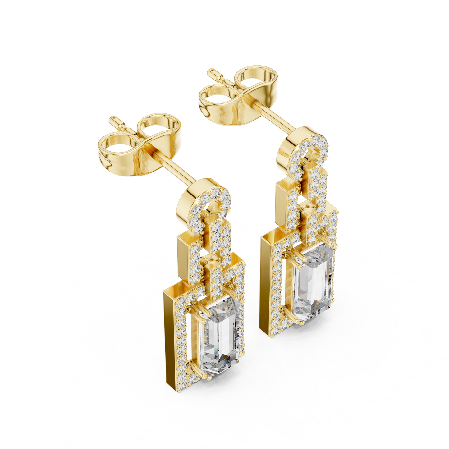 1.96ctw Art Deco Baguette Cut Geometric Drop Earrings in Yellow Gold