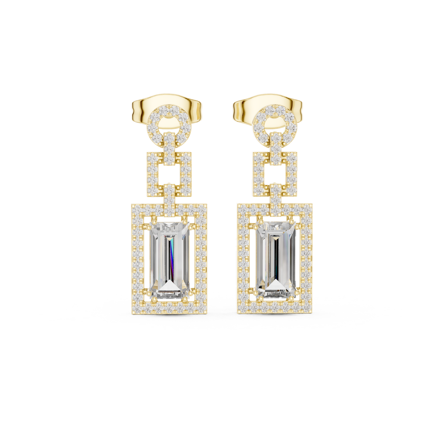 1.96ctw Art Deco Baguette Cut Geometric Drop Earrings in Yellow Gold