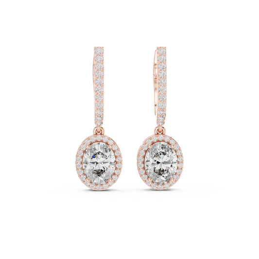 4.02 Carat Oval Cut Diamond Halo Drop Huggie Earrings - Rose Gold