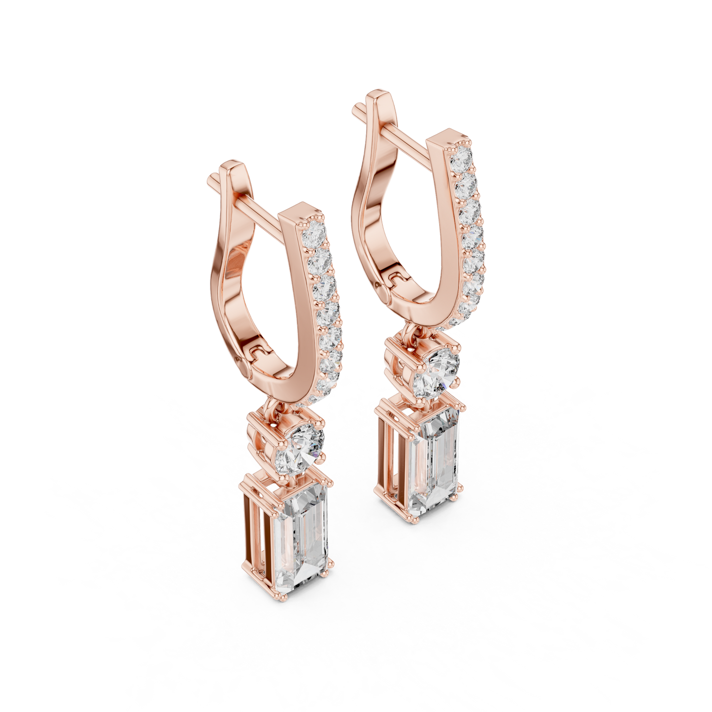 1.00ctw Baguette Cut and Round Diamond Drop Huggie Earrings - Yellow Gold
