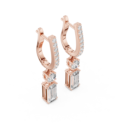 1.00ctw Baguette Cut and Round Diamond Drop Huggie Earrings - Yellow Gold