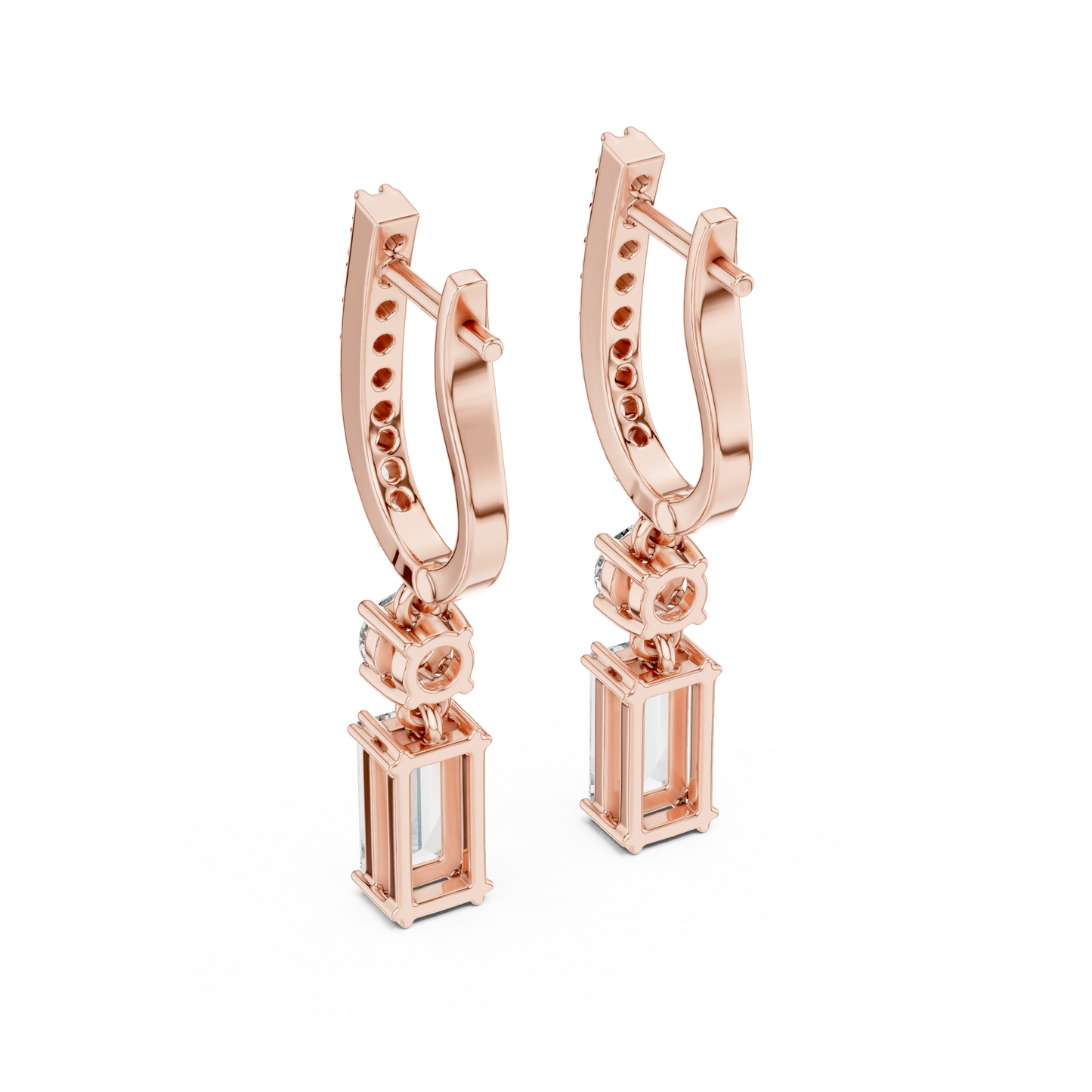 1.00ctw Baguette Cut and Round Diamond Drop Huggie Earrings - Yellow Gold