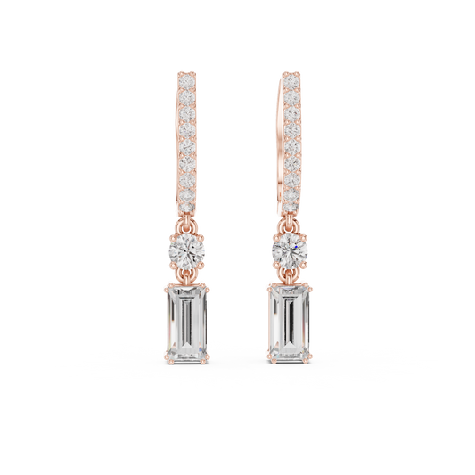 1.00 Carat Baguette Cut and Round Diamond Drop Huggie Earrings - Yellow Gold