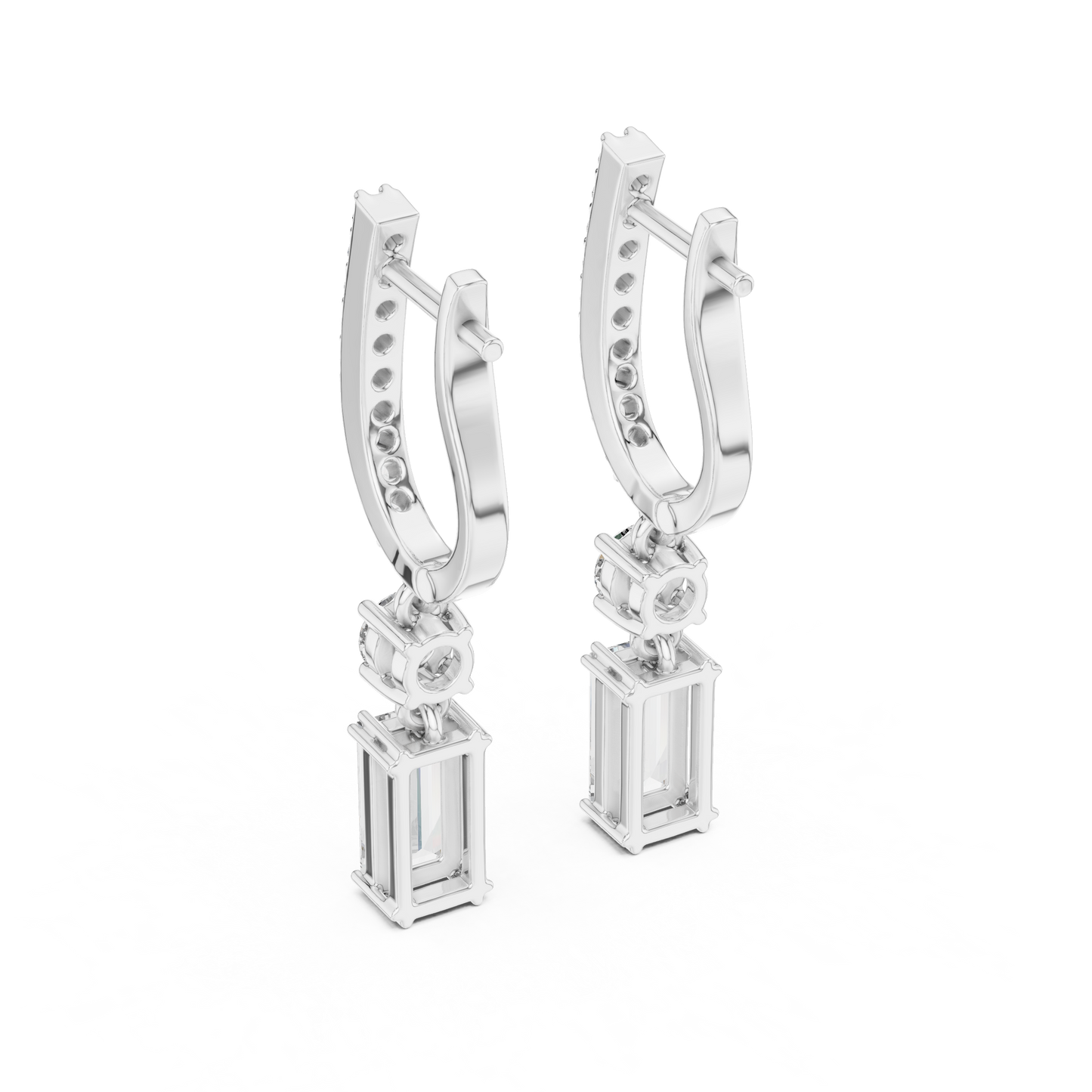 1.00ctw Baguette Cut and Round Diamond Drop Huggie Earrings - Yellow Gold