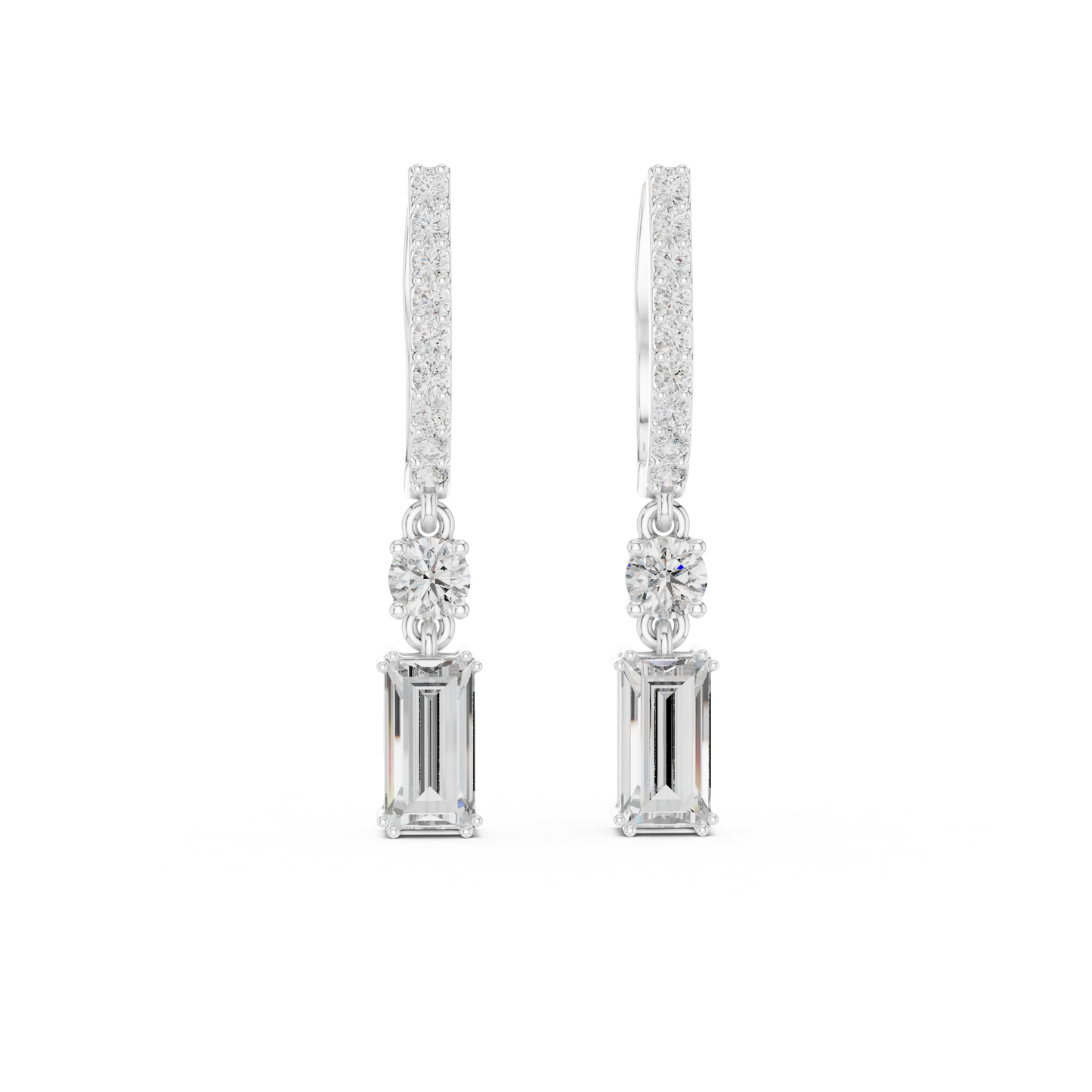 1.00ctw Baguette Cut and Round Diamond Drop Huggie Earrings - Yellow Gold