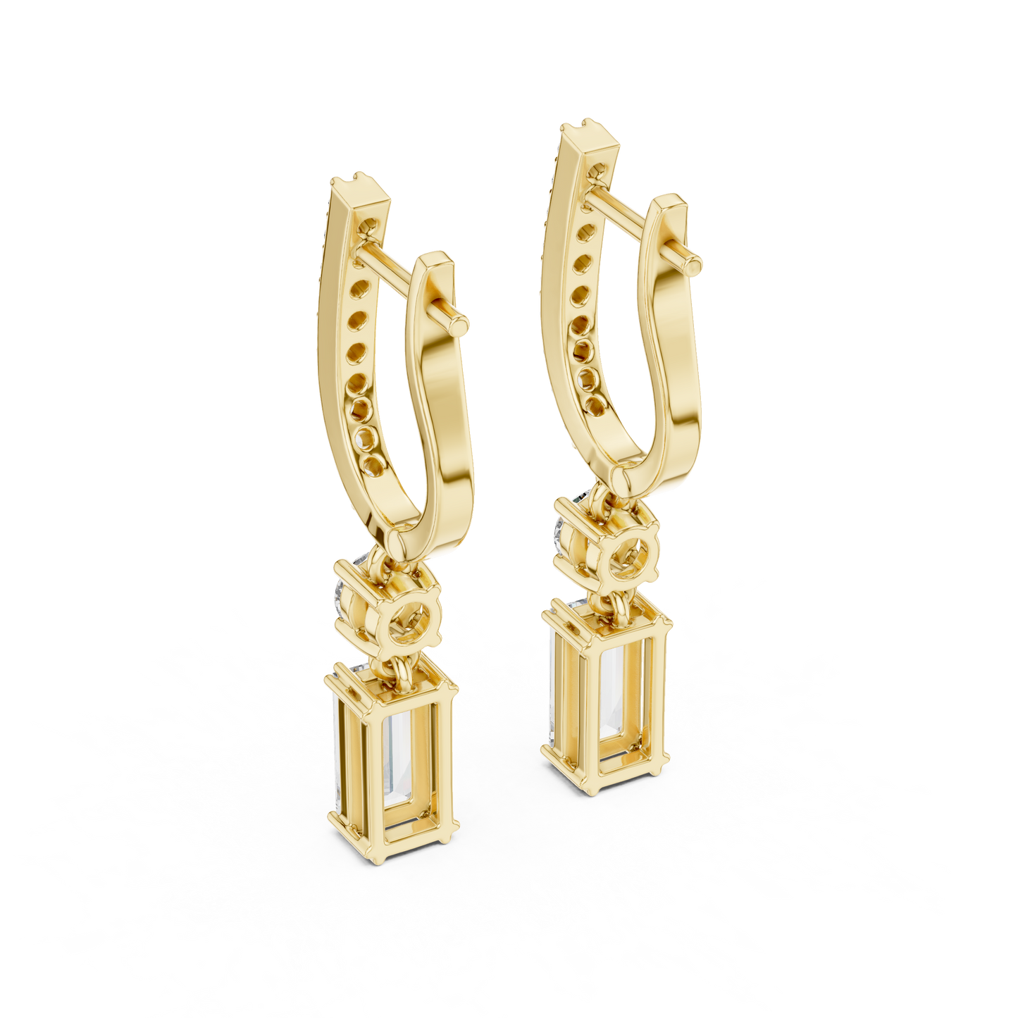 1.00ctw Baguette Cut and Round Diamond Drop Huggie Earrings - Yellow Gold