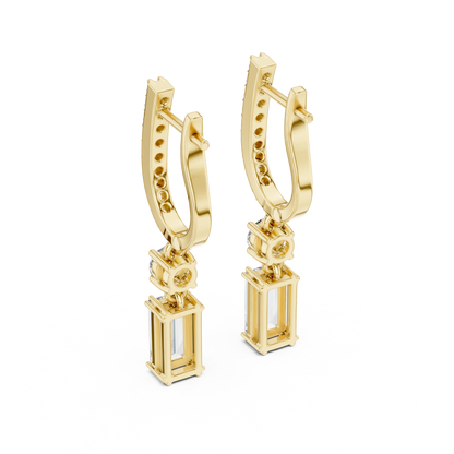 1.00ctw Baguette Cut and Round Diamond Drop Huggie Earrings - Yellow Gold