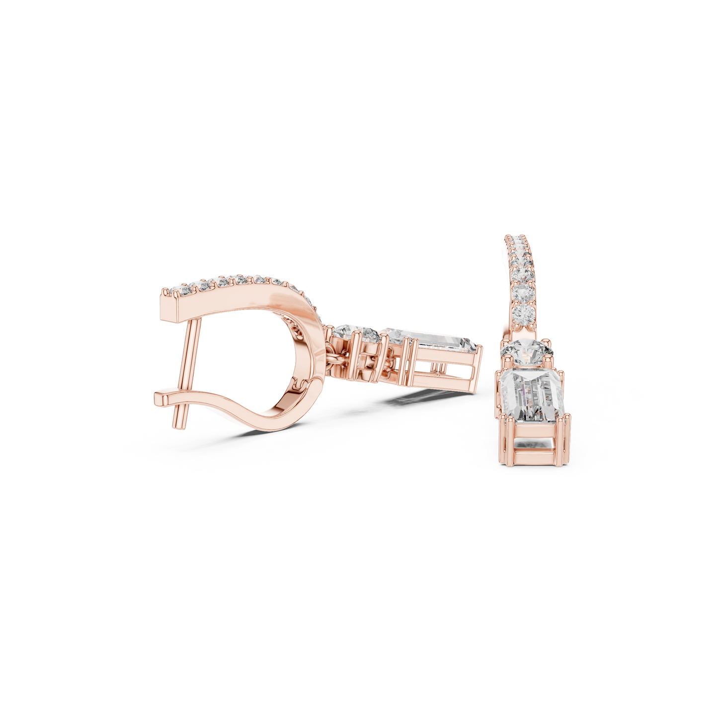 1.00ctw Baguette Cut and Round Diamond Drop Huggie Earrings - Yellow Gold