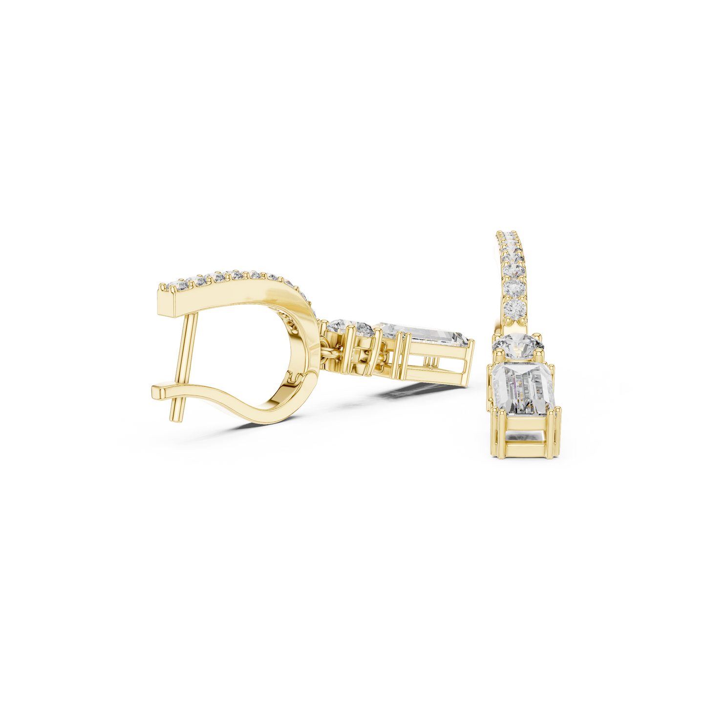 1.00ctw Baguette Cut and Round Diamond Drop Huggie Earrings - Yellow Gold