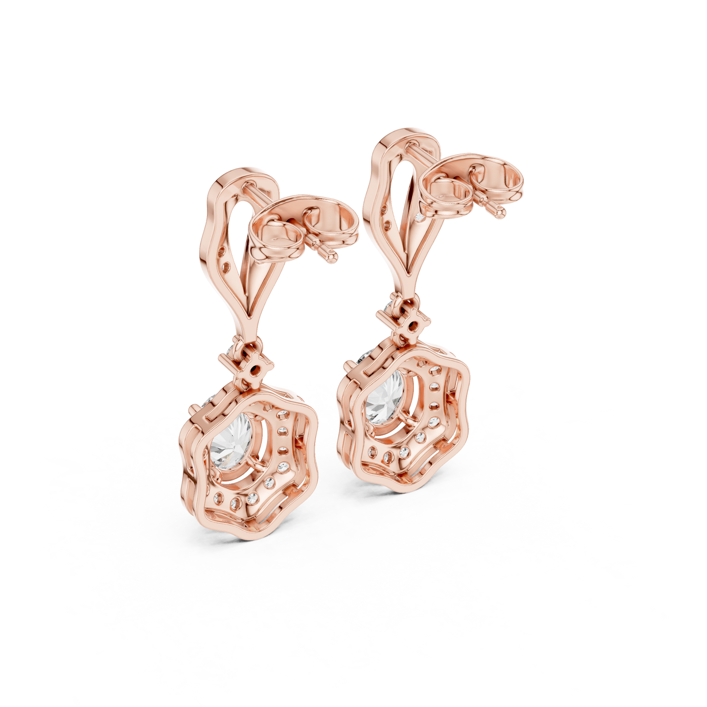 1.43ctw Oval Cut Diamond Scalloped Halo Drop Earrings - Yellow Gold