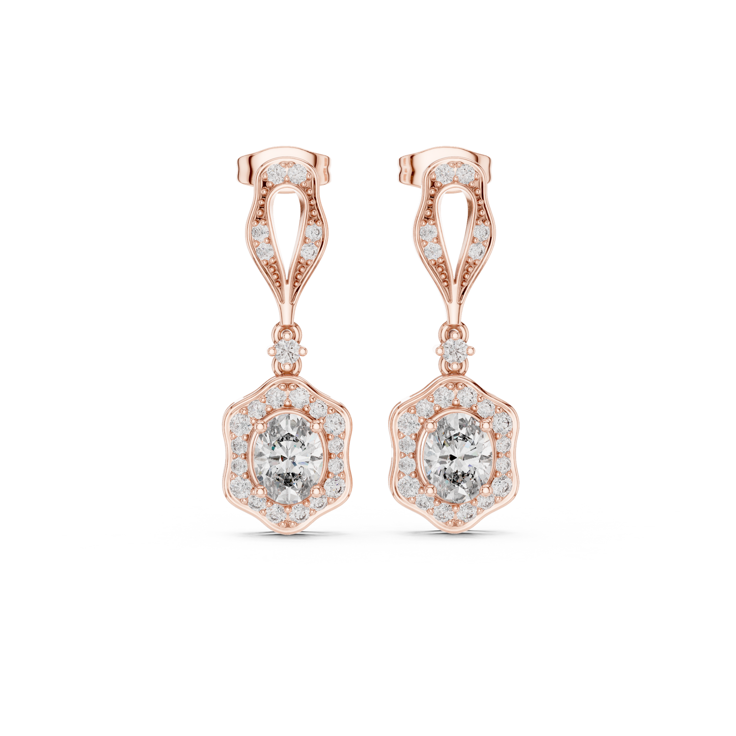 1.43ctw Oval Cut Diamond Scalloped Halo Drop Earrings - Yellow Gold