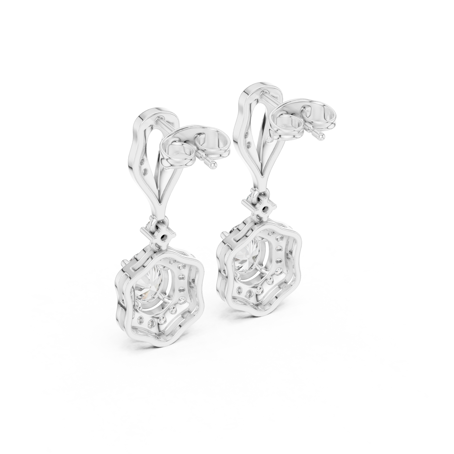1.43ctw Oval Cut Diamond Scalloped Halo Drop Earrings - Yellow Gold