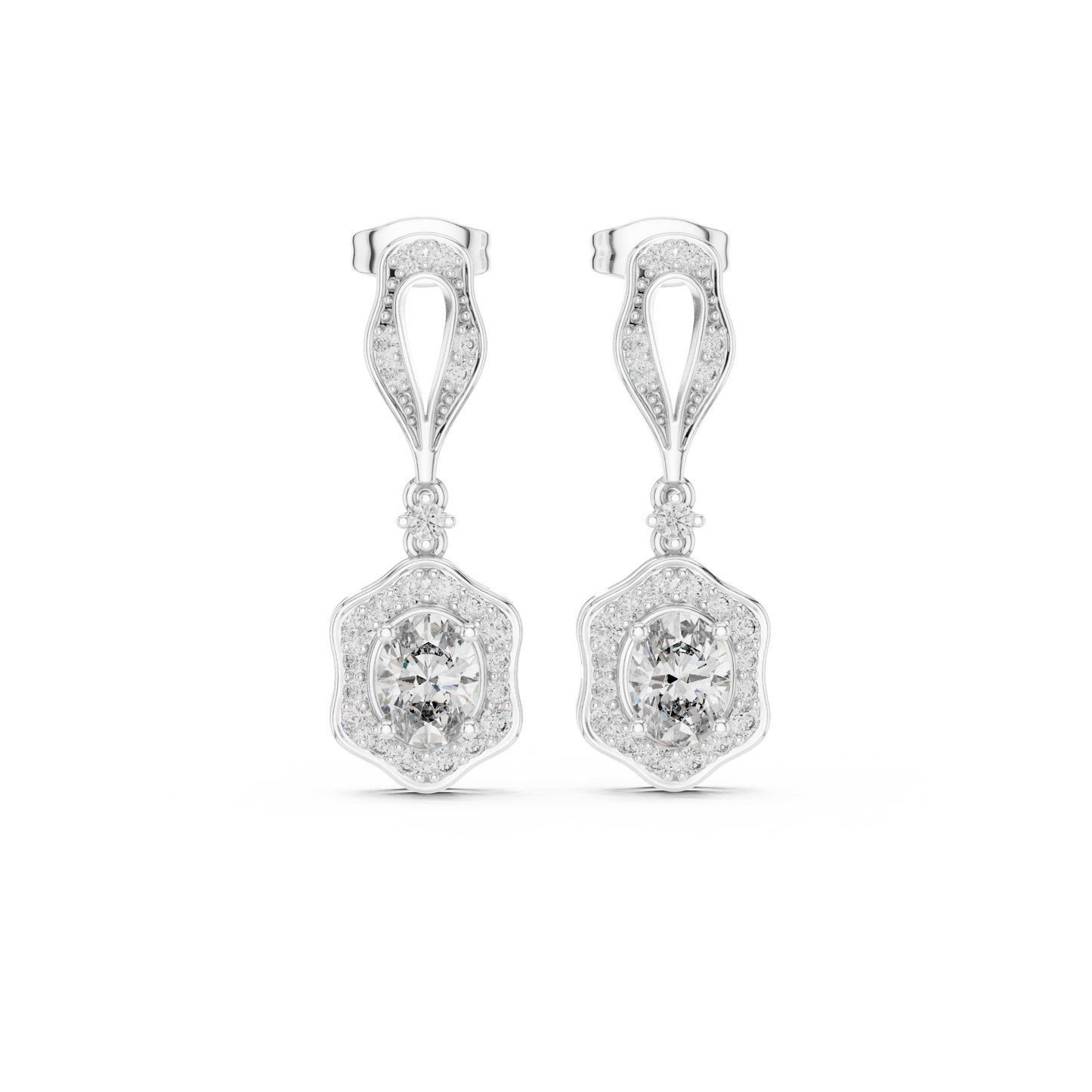 1.43ctw Oval Cut Diamond Scalloped Halo Drop Earrings - Yellow Gold