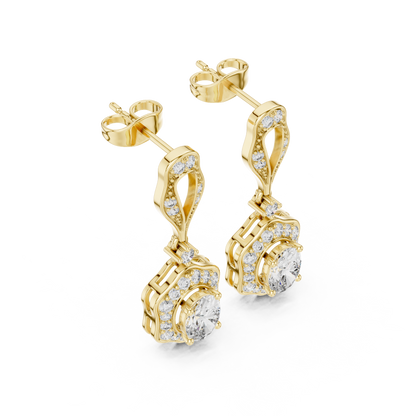 1.43ctw Oval Cut Diamond Scalloped Halo Drop Earrings - Yellow Gold
