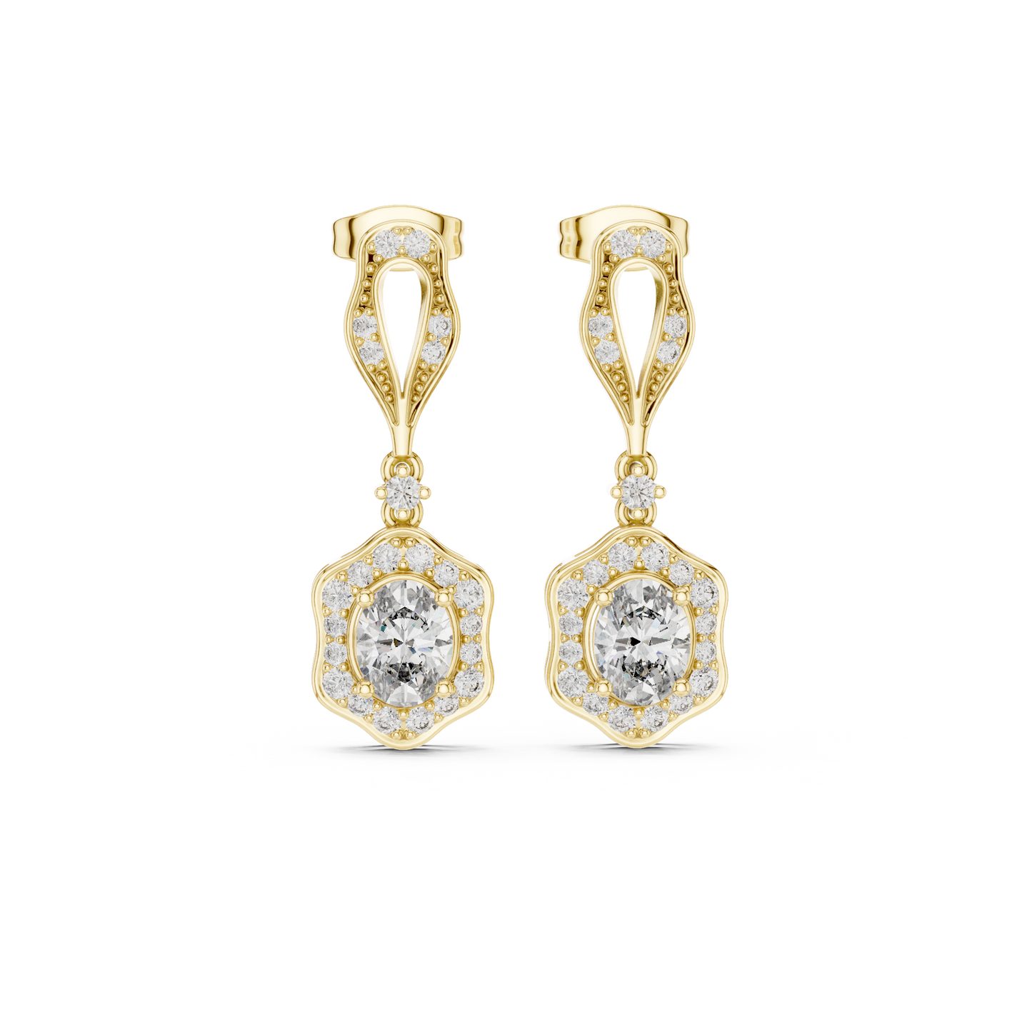 1.43ctw Oval Cut Diamond Scalloped Halo Drop Earrings - Yellow Gold