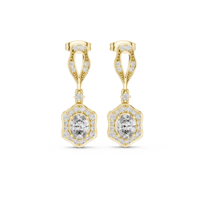 1.43ctw Oval Cut Diamond Scalloped Halo Drop Earrings - Yellow Gold