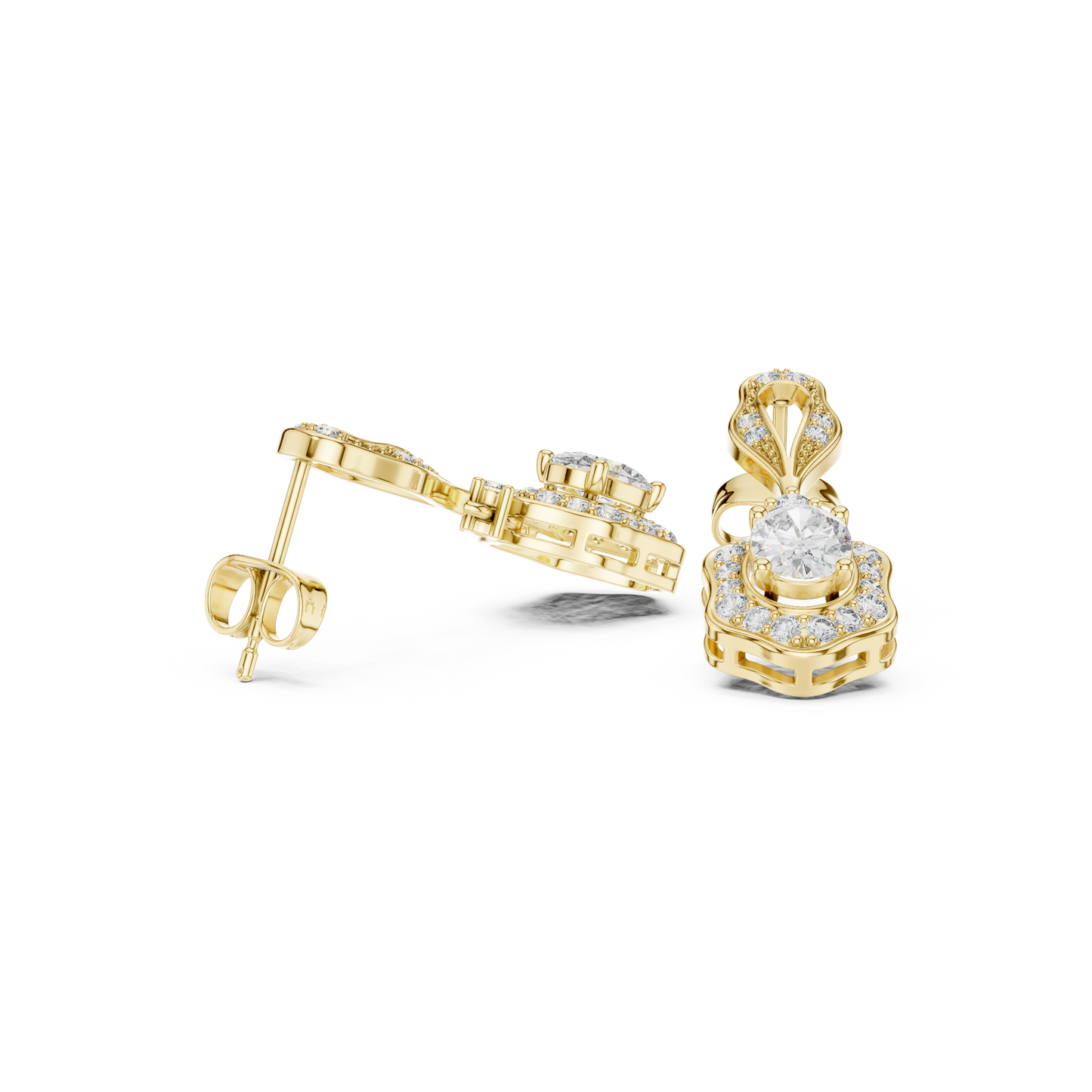 1.43ctw Oval Cut Diamond Scalloped Halo Drop Earrings - Yellow Gold