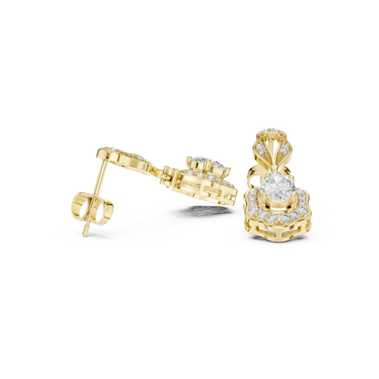 1.43ctw Oval Cut Diamond Scalloped Halo Drop Earrings - Yellow Gold