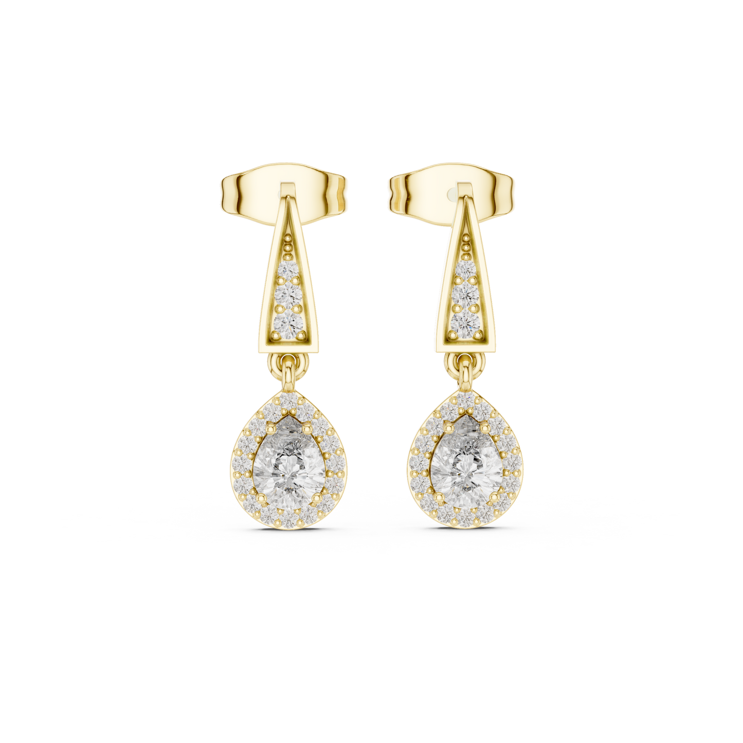 0.45ctw Pear Diamond Halo Geometric Triangle Drop Earrings in Yellow Gold