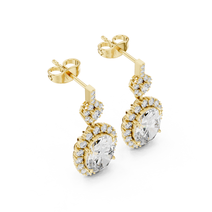 3.99ctw Vintage Oval Diamond Sunburst Halo Drop Earrings in Yellow Gold