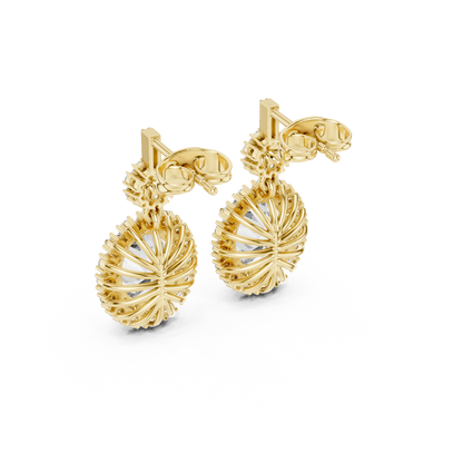 3.99ctw Vintage Oval Diamond Sunburst Halo Drop Earrings in Yellow Gold