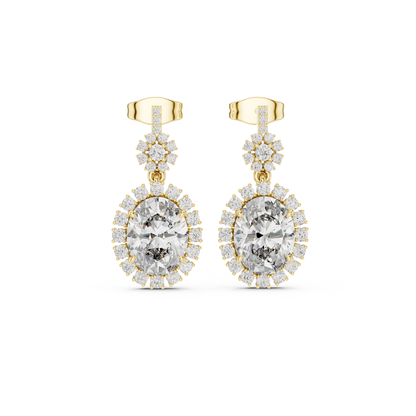3.99ctw Vintage Oval Diamond Sunburst Halo Drop Earrings in Yellow Gold