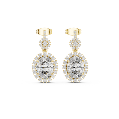 3.99ctw Vintage Oval Diamond Sunburst Halo Drop Earrings in Yellow Gold